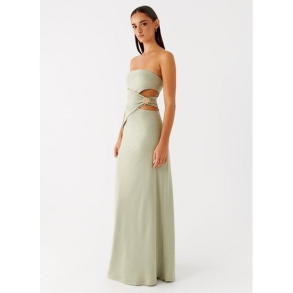NWT Peppermayo Anette Maxi Dress Sage Green Strapless Gold Detail Cutout Gown 10